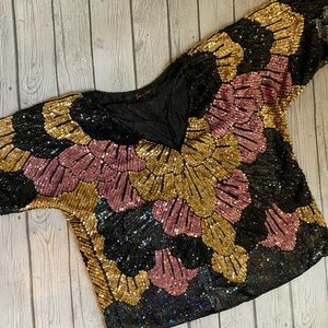 Tan Chho Vintage Sequin Beaded 100% silk Shirt
